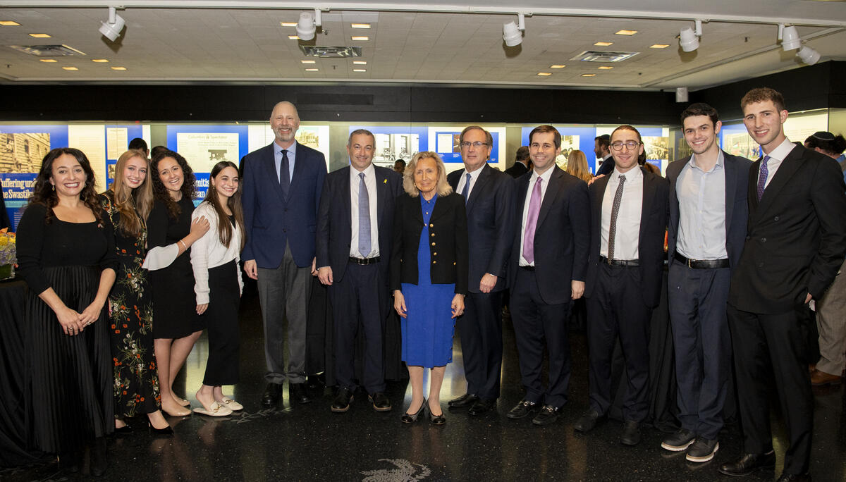 In attendance at the launch of the Lieberman-Mitzner Center were, from left, Sharon Poczter (Director of the Center); Daniella Landau, student scholar; Talya Naggar, student scholar; Oriya Baskin, student scholar; Matthew Lieberman (Sen. Lieberman's son); Rabbi Dr. Ari Berman; Hadassah Lieberman (Sen. Lieberman's wife); Ira Mitzner (Chairman of the YU Board); Steven Mitzner (Mitzner's son); Jeffrey Collins (Mitzner’s step-son); Sam Fogelson, student scholar; and Binyomin Eidlisz, student scholar