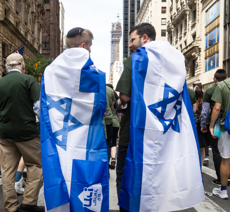 Yeshiva students draped in Israeli flags